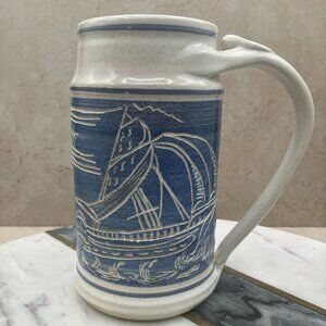 Vintage Studio Pottery Large Mug Wheel Thrown Hand Carved Artist Guegan